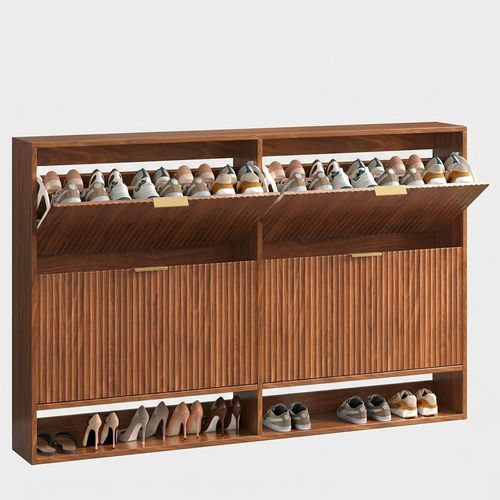 Walnut 4-Drawer Wide Fluted Shoe Cabinet