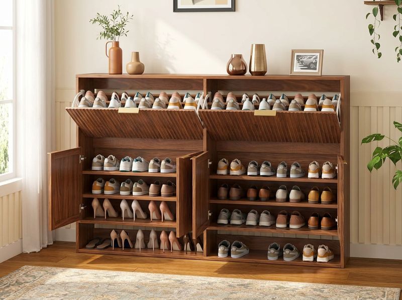 Walnut 4-Drawer Wide Fluted Shoe Cabinet