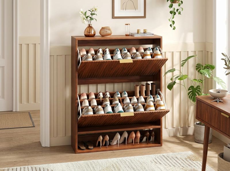 Walnut 2-Drawer Fluted Shoe Cabinet