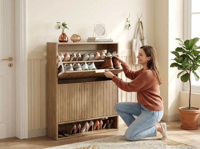 Oak 2-Drawer Fluted Shoe Cabinet