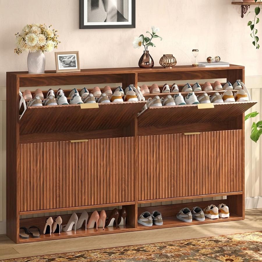 Walnut 4-Drawer Wide Fluted Shoe Cabinet