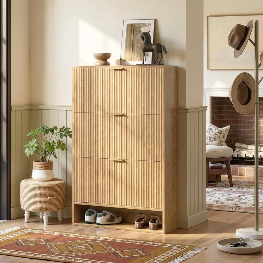 Oak Tall 3-Drawer Fluted Shoe Cabinet