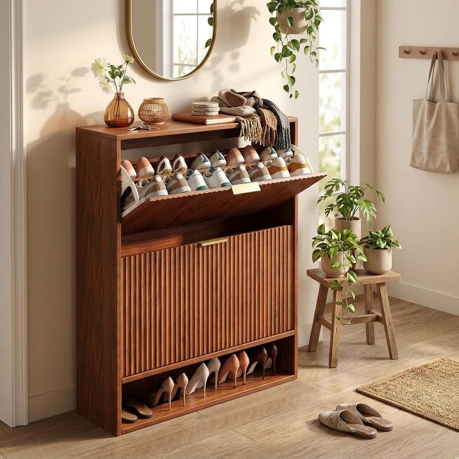 Walnut 2-Drawer Fluted Shoe Cabinet