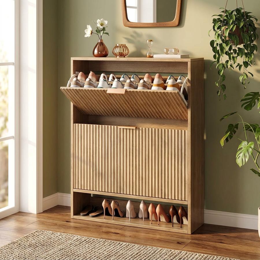 Oak 2-Drawer Fluted Shoe Cabinet